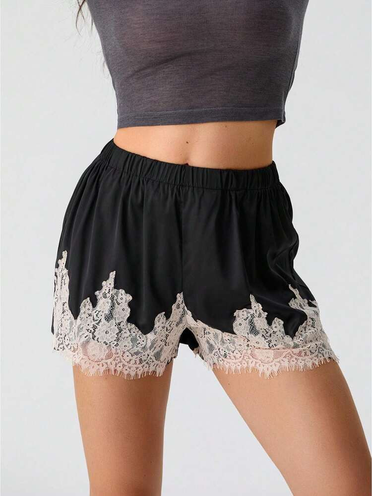EU/UK WarehouseWomen Satin Boxers Shorts Y2k Lace Trim Low Rise Lounge Micro Mini Pajama Shorts | SHEIN