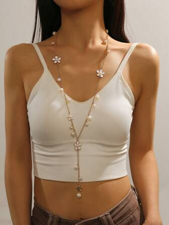 1pc Fashion Faux Pearl & Flower Decor Y Lariat Necklace For Women For Daily Decoration | SHEIN