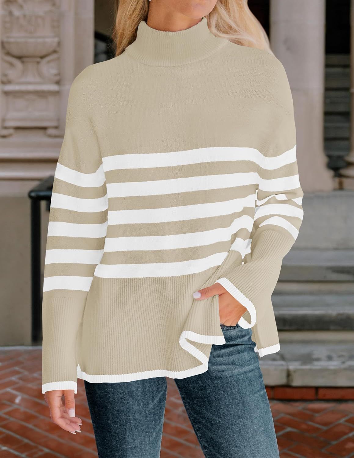 ZESICA Women's 2024 Winter Sweaters Casual Turtleneck Long Sleeve Striped Side Slit Loose Pullove... | Amazon (US)