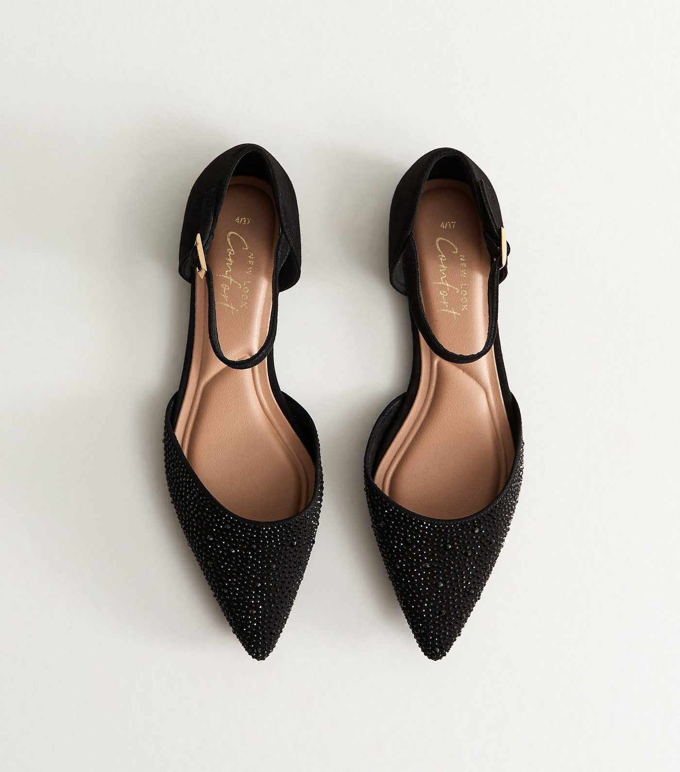 Black Bedazzled Pointed Toe Ankle Strap Ballerina Flats | New Look | New Look (UK)