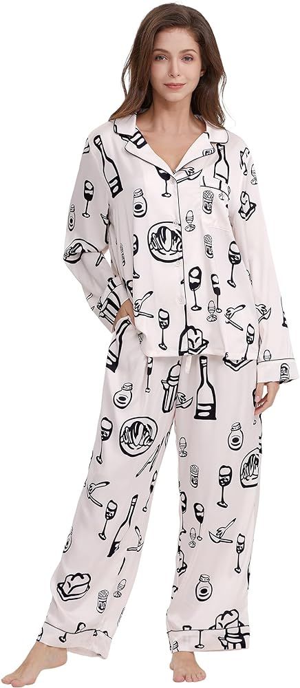 YiNi LuLu Womens Silk Satin Pajamas Set Button Down 2 Piece Pjs Long Sleeve Oversized Sleepwear w... | Amazon (US)
