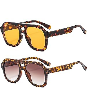 Long Keeper Retro Pilot Sunglasses for Men Women Double Bridge Aviation Square Sunglasses 70s Fas... | Amazon (UK)