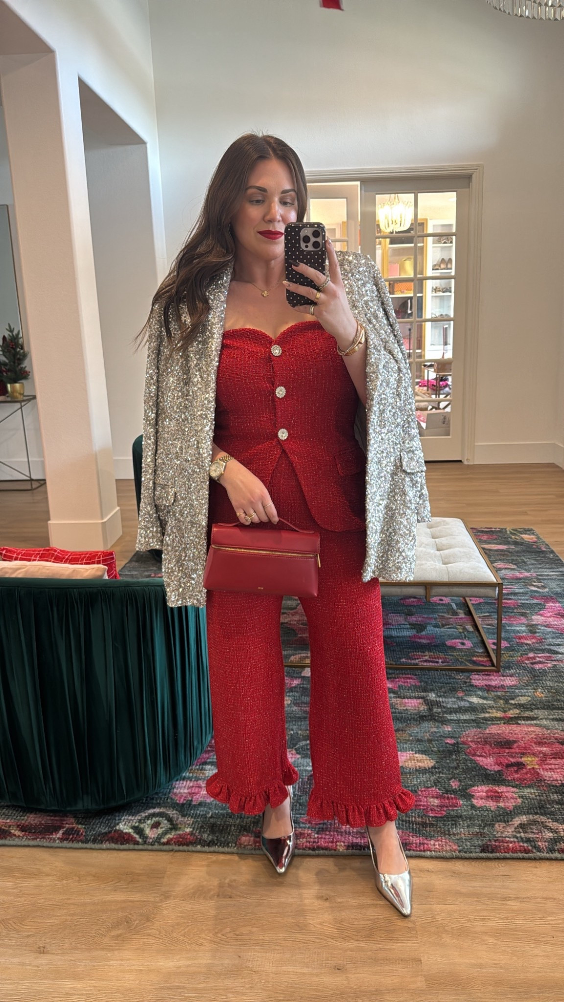 curvy midsize holiday red tweed pant set! obsessed with this outfit! wearing size large in top and 31 in pants. paired with my fave silver heels! outfit is 30% off in cart! also comes in black 

#LTKCyberWeek #LTKHoliday #LTKMidsize