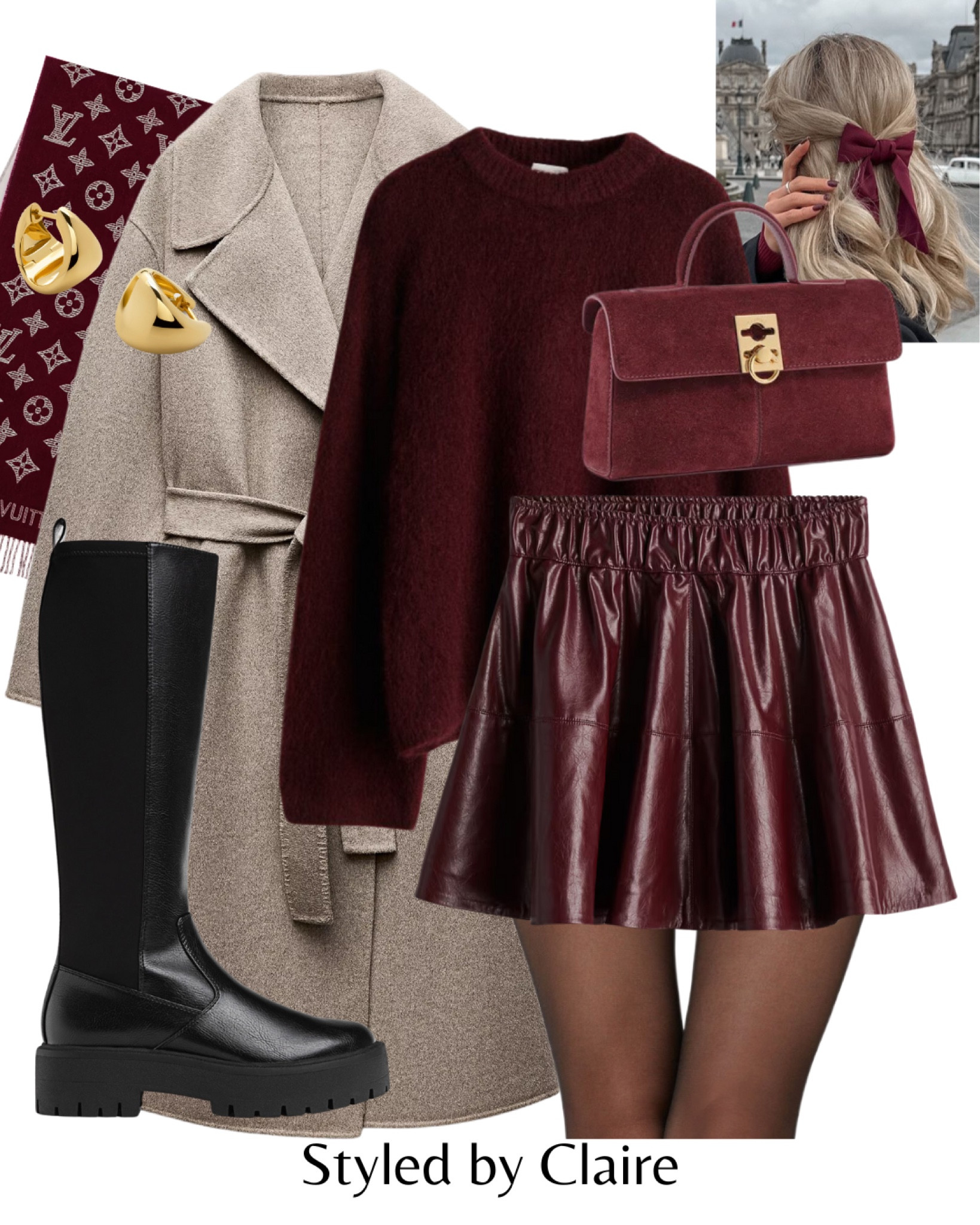 A dreamy 🍒 outfit 
Tags: coated faux leather skirt H&M mohair sweater chunky knee high boots tie belt coat Louis Vuitton scarf bow earrings cafune bag. Fashion autumn winter inspo outfit ideas party Christmas festive markets city break Parisian style chic classy

#LTKshoes #LTKwinter #LTKstyletip