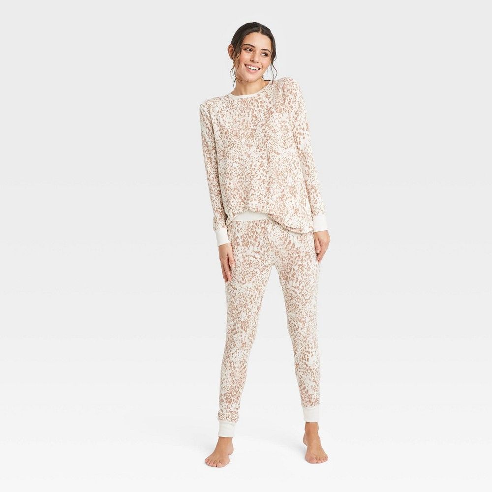 Women's Leopard Print Cozy Long Sleeve Top and Leggings Pajama Set - Stars Above Cream XL, Ivory | Target