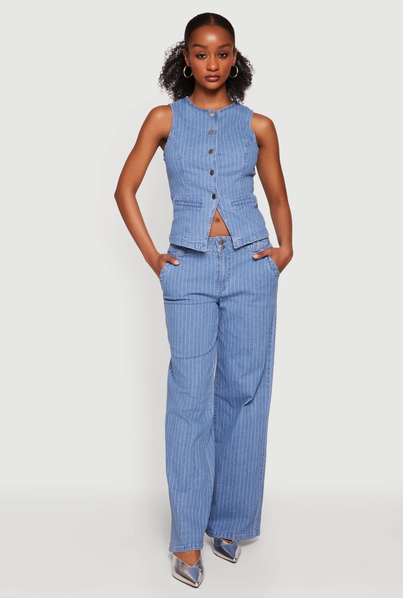 Pinstripe Mid Rise Wide Leg Jeans | Rainbow Shops