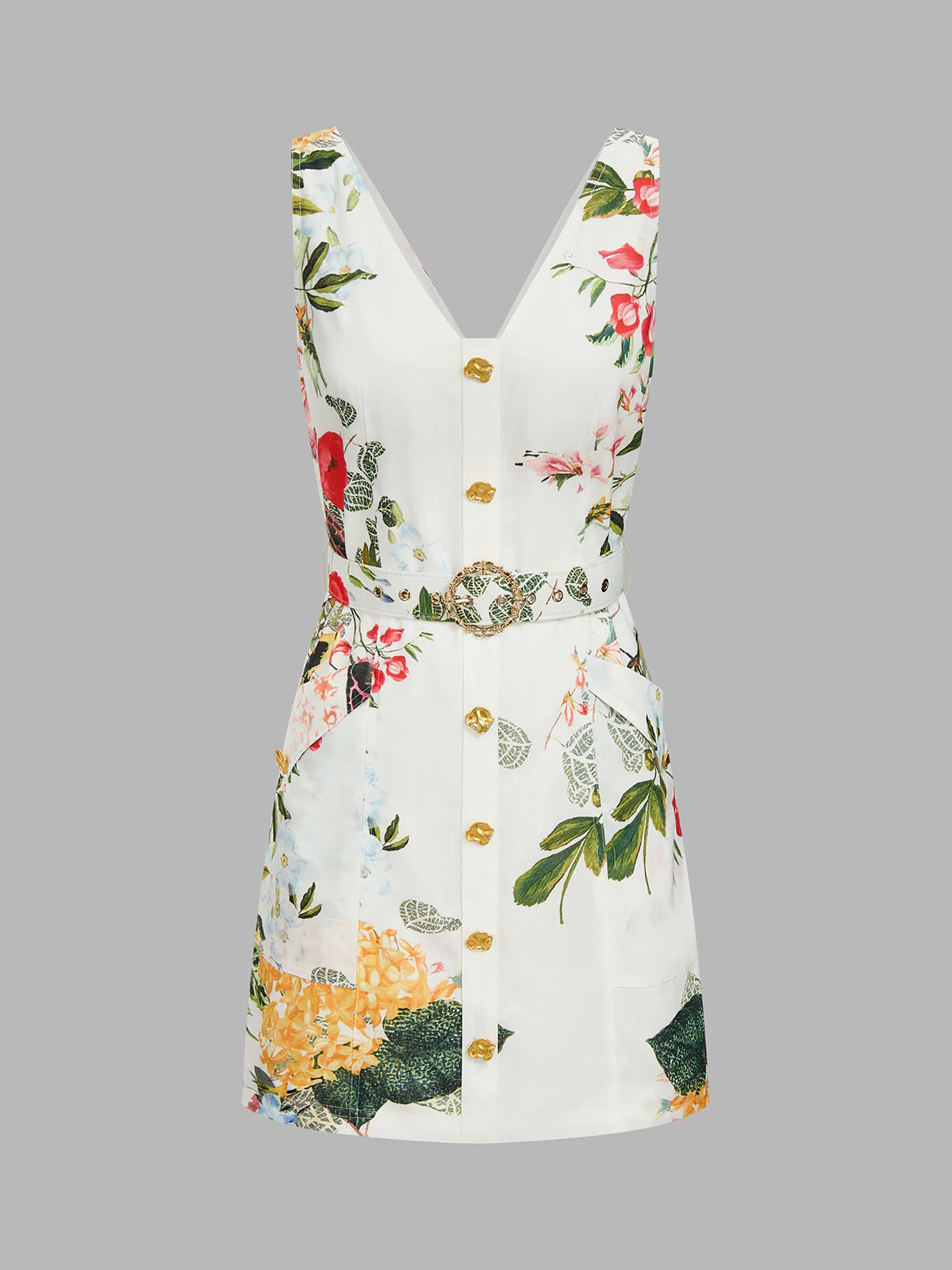 Floral Print Sleeveless Belted Mini Dress | Commense