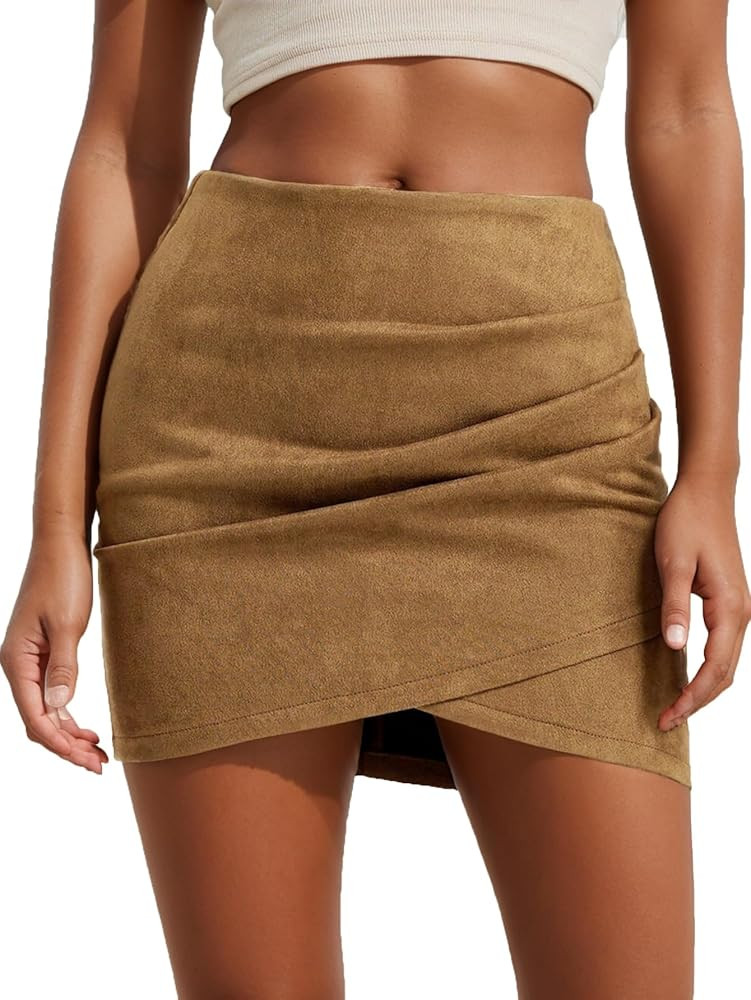 Faux Suede Mini Skirt Bodycon Ruched Tulip Fall Winter Short Suede Mini Skirts for Women | Amazon (US)