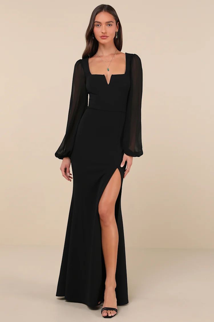 Composed Elegance Black Balloon Sleeve Mermaid Maxi Dress | Lulus