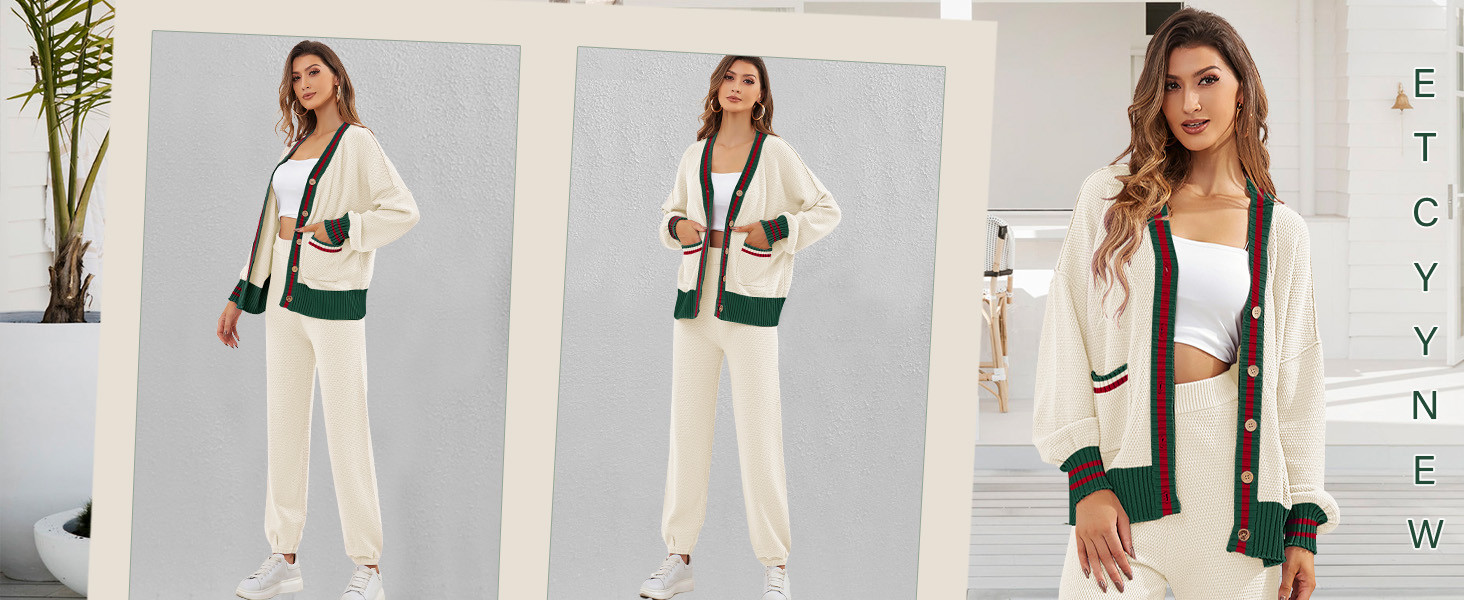 Women's 2 Piece Outfit Lounge Set Trendy Cardigan Sweater Pants Sets V Neck Button Pocket Knit Ma... | Amazon (US)