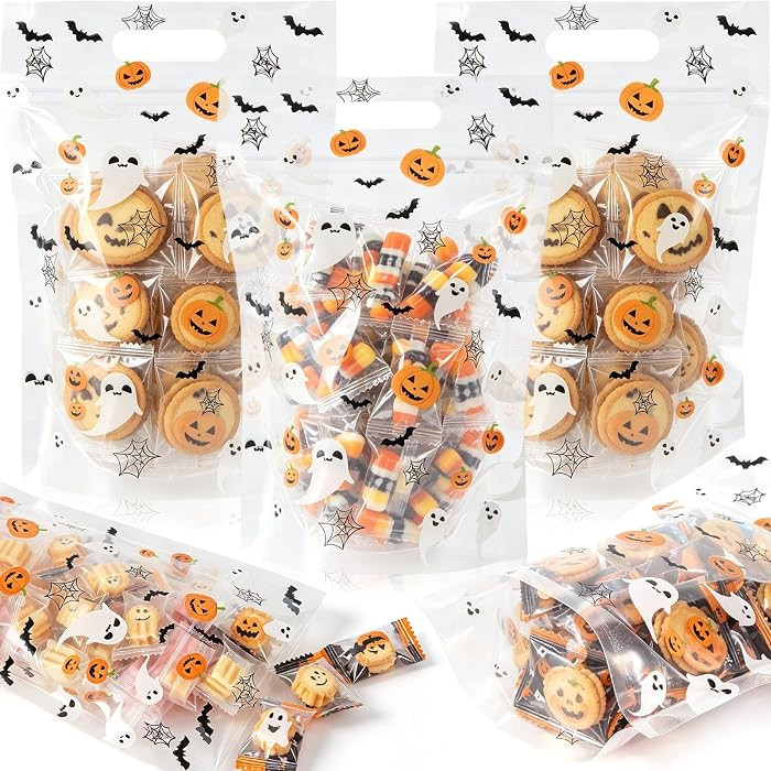 Engrowtic 50 Pcs Halloween Treat Bags Resealable Pumpkin Goodie Zipper Plastic Gift Bag with Hand... | Amazon (US)