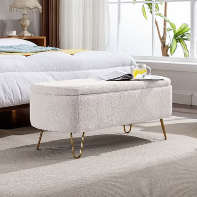ModernLuxe Faux Fur Storage Ottoman Bench with Gold Legs - Upholstered End of Bed Bench, Entryway Storage Bench, Ivory | Target