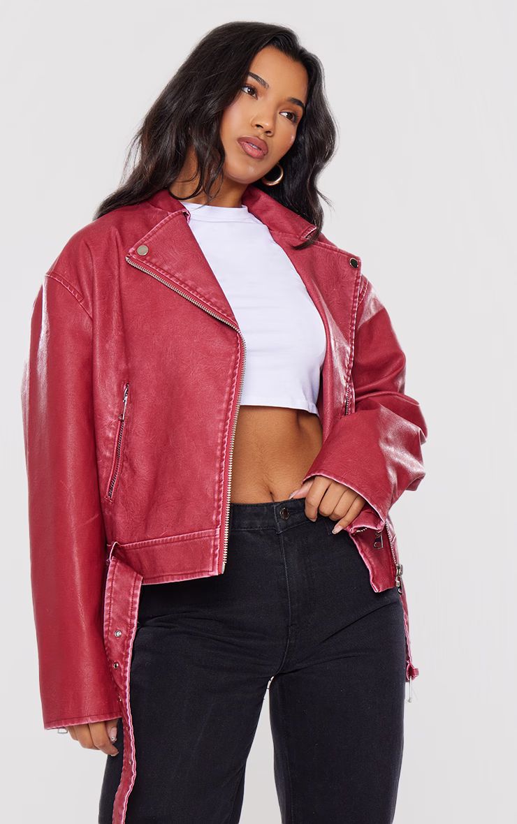 Cherry Red Vintage Faux Leather Oversized Zip Up Biker Jacket | PrettyLittleThing UK