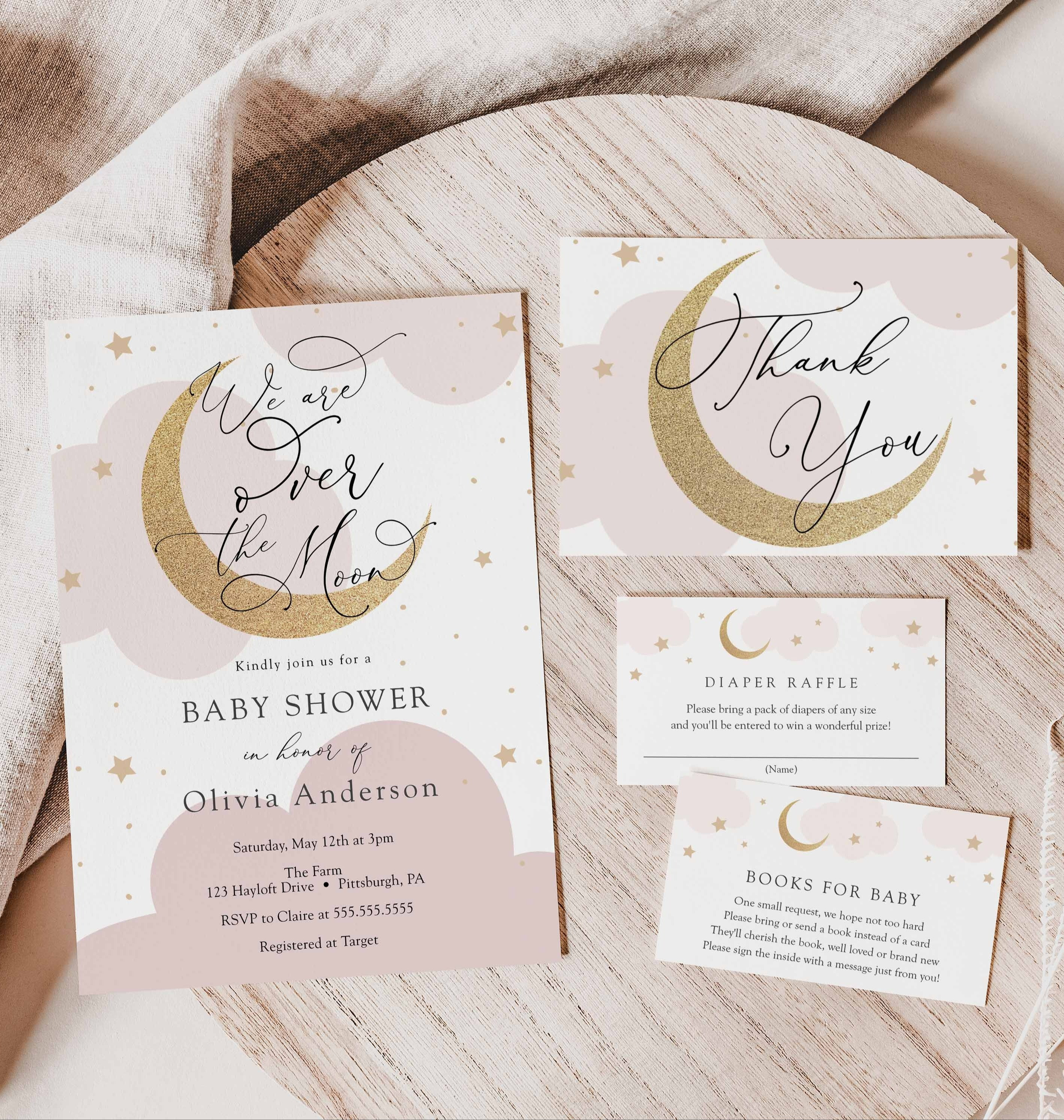 Over the Moon baby shower details 🌙
This neutral moon & stars invitation set is perfect for a timeless, gender-neutral baby shower. Soft blush tones, elegant script, and celestial accents make this suite feel modern yet dreamy ✨ 

 #LTKBaby #LTKBump
