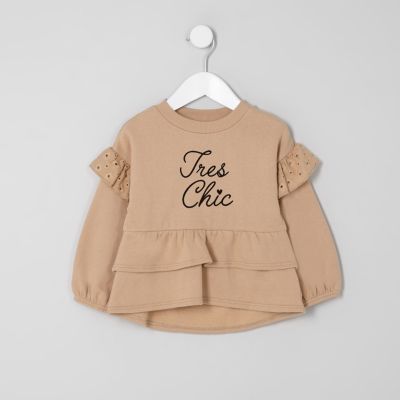 Mini girls brown tiered peplum hem sweater | River Island (UK & IE)