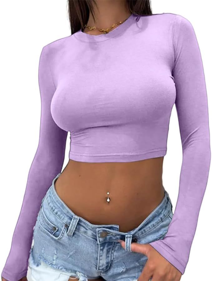 Abardsion Women's Sexy Long Sleeve Crop Top 2023 Crew Neck Basic Fitted Tight Cropped T Shirts | Amazon (US)
