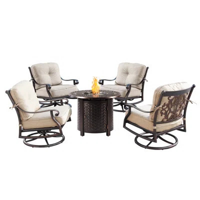 Outdoor Aluminum 34 In. Round Fire Table Set With Four Deep Seating Swivel Rocking Chairs, Fire Beads, Lid, Propane Tank Cover And Table Fabric Cover | Perigold