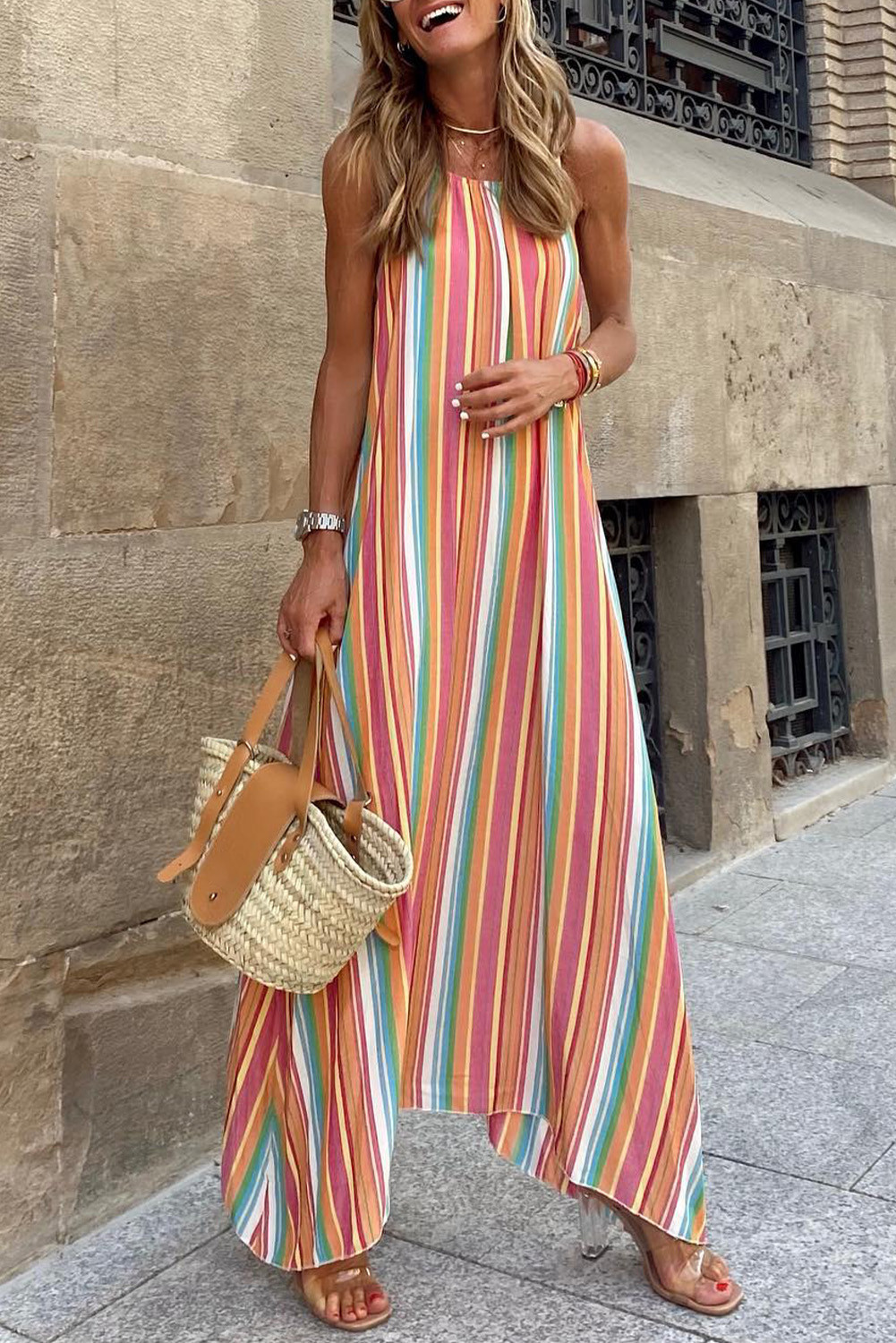 Bohemian Striped Colorblock Spaghetti Strap Sleeveless Maxi Dress | Shewin