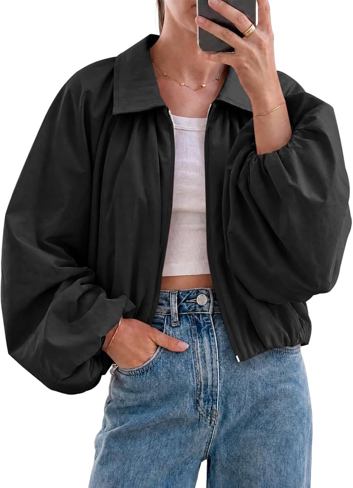 Tankaneo Womens Cropped Jackets Bomber Coat Fall Casual Zip Up Outerwear | Amazon (US)