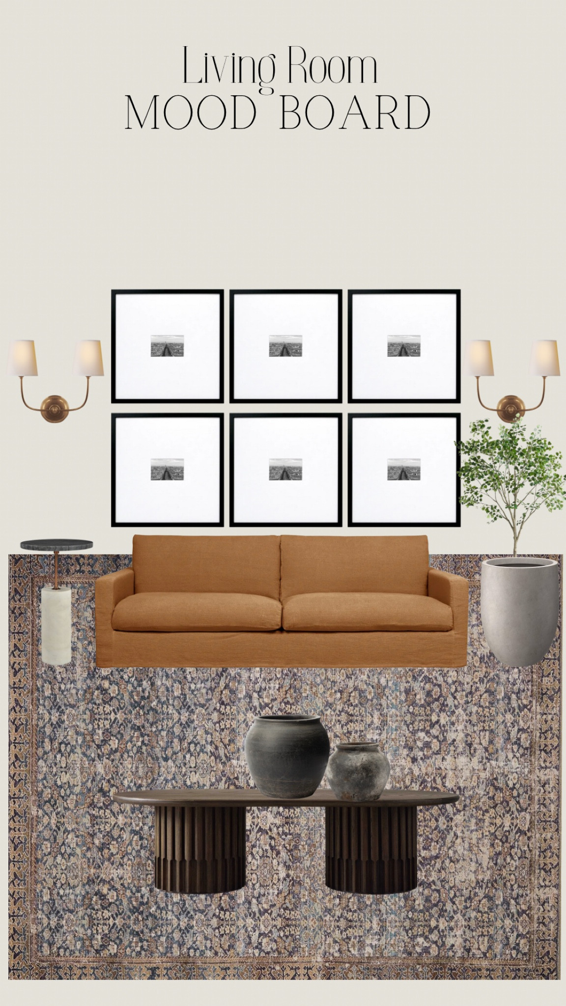 Living room mood board. Living room design. Coffee table. Living room decor. Living room rug. Sconces. Details.

#LTKhome