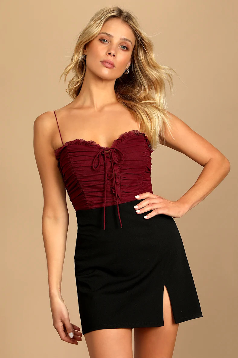 Some Nights Burgundy Lace-Up Ruched Sleeveless Bodysuit | Lulus