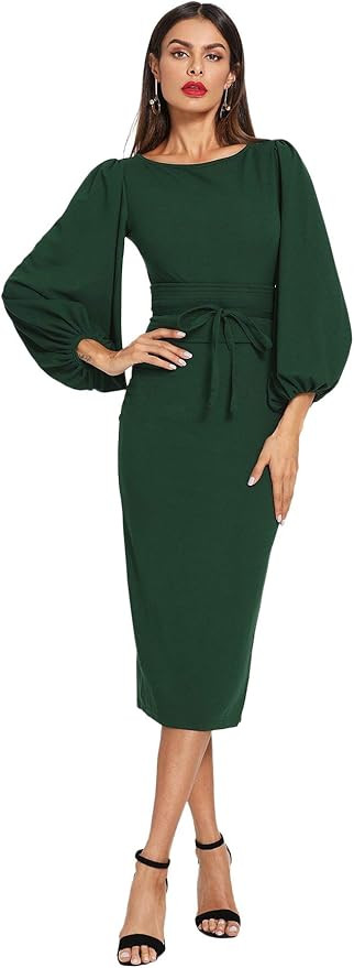 Floerns Women's Lantern Sleeve Tie Waist Midi Office Dress | Amazon (US)