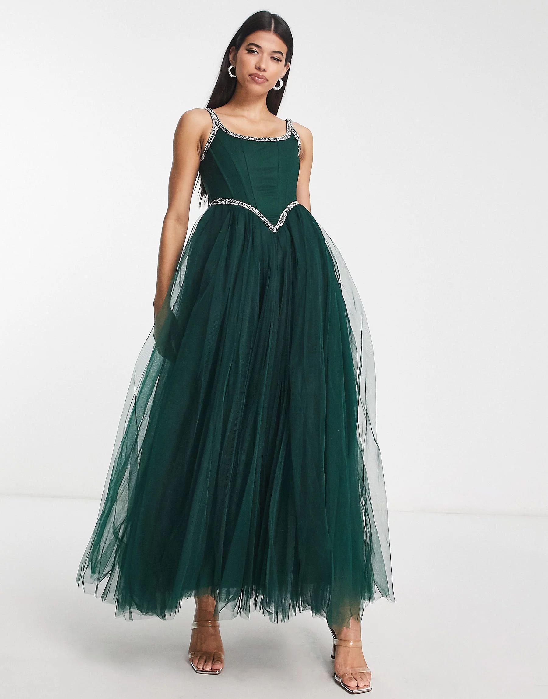 Lace & Beads exclusive corset embellished maxi dress in emerald green | ASOS (Global)
