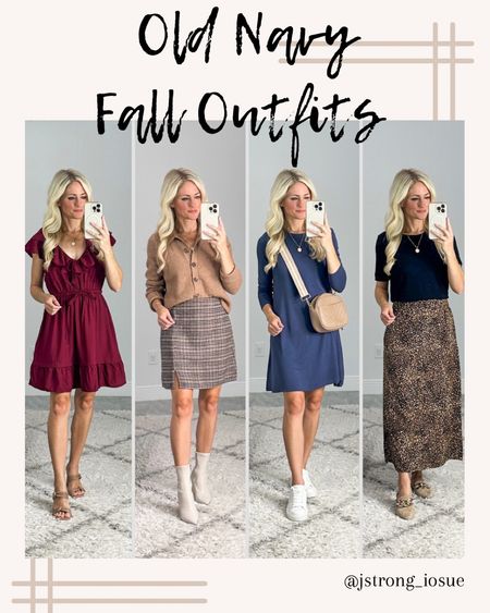 Old Navy Fall Outfits! wearing petite length in dresses (I’m 5’1) Plaid skirt runs a little big, it sat at my hips so if you want to wear it at your waist, I recommend sizing down. Red wine dress and leopard skirt both have pockets. Fall family photos, date night, running errands or teacher outfits! 

#LTKstyletip #LTKFind #LTKunder50
