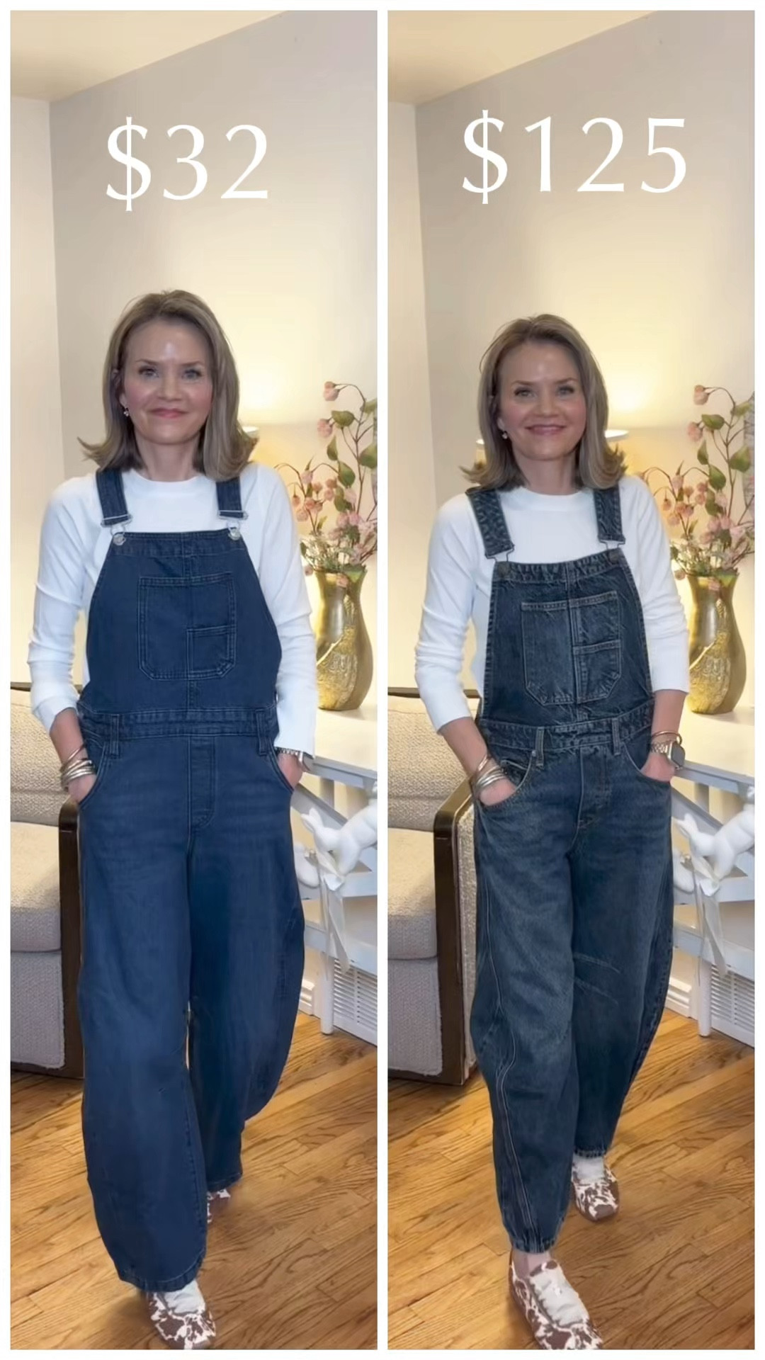 My jaw hit the floor when I saw these Walmart barrel overalls!! They remind me so much of my FP ones. The quality is great and the price - only $32. Something I love about overalls is they can be worn year round. For reference I am wearing size xs long in the Walmart ones and xs in FP ones. Go check them out. They will sell out fast!! 

#LTKOver40 #LTKmomlife #LTKootd