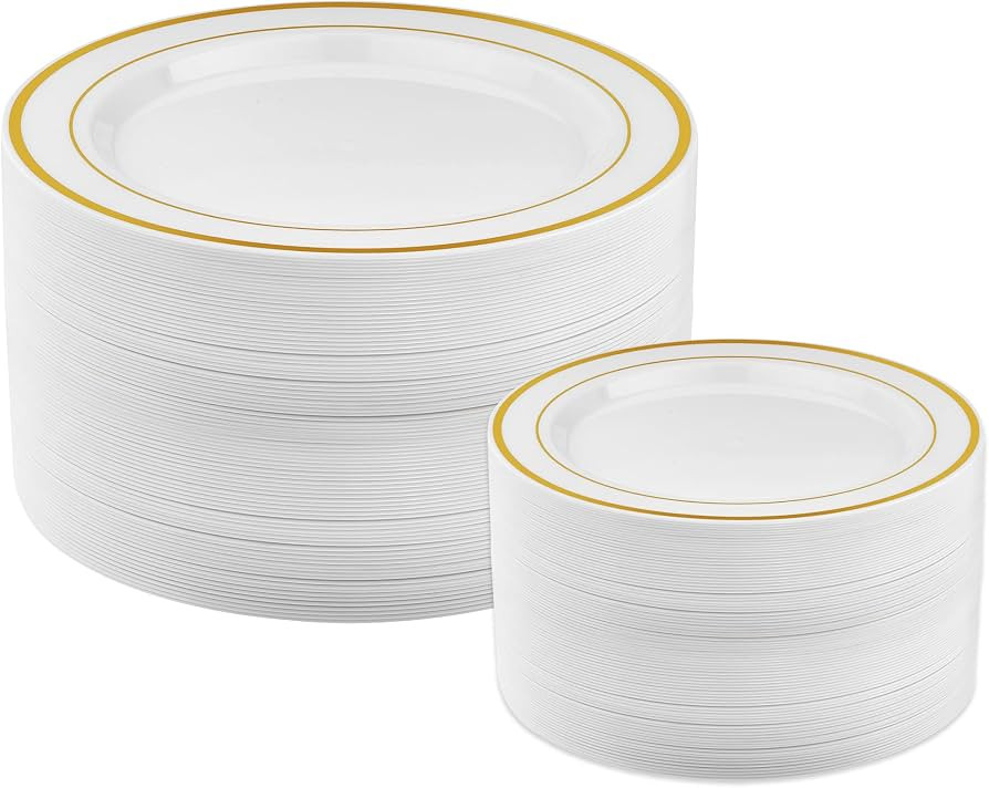 Prestee 50-Piece Plastic Plates Disposable Set - White with Gold Rimmed Plastic Plates for Partie... | Amazon (US)