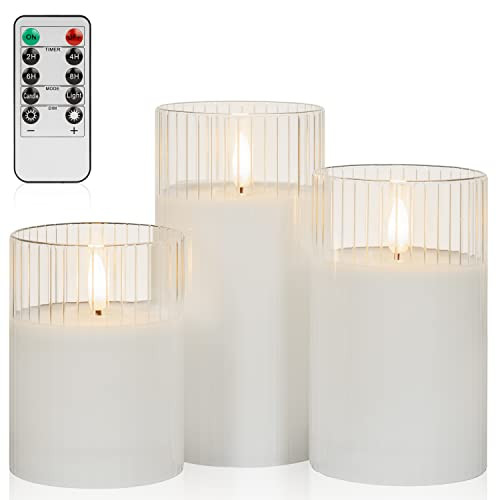 ANGELLOONG Clear Glass Flickering Flameless Candles Battery Operated with Remote Control, LED Pillar Candles with Timer, Romantic Candles for Bathroom Home Decor, Set of 3 | Amazon (US)