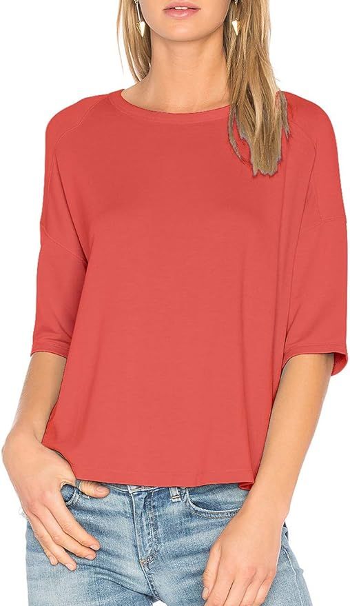ALLY-MAGIC Women's 3/4 Sleeve T-Shirt O-Neck Casual Loose Top Cotton Blouses | Amazon (US)