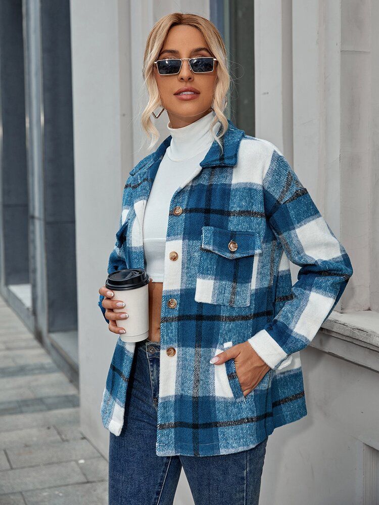 Tartan Print Single Breasted Pocket Front Coat | SHEIN