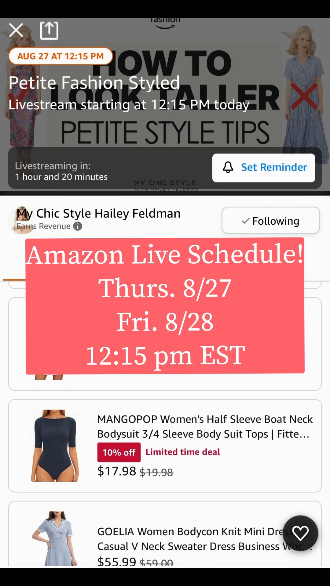 Amazon Live Schedule!
Thurs. 8/27 & Fri. 8/28
12:15 pm EST
Join: amazon.com/live/haileyefeldman

#LTKdayinmylife #LTKPetite #LTKgrwm