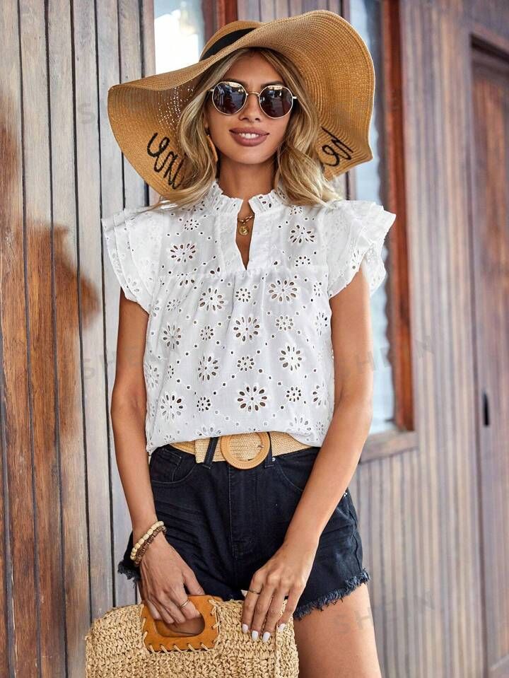 SHEIN VCAY Random Eyelet Embroidery Notched Collar Blouse | SHEIN