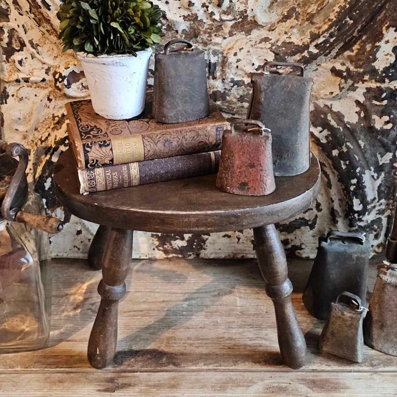 Vintage Oval Dark Wood Milking Stool With Turned Legs Rustic Worn Patina Country Farmhouse Cottag... | Etsy (US)