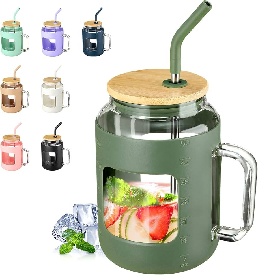 VOKOVO 50 oz Glass Tumbler with Bamboo Lid and Straw, Glass Water Bottles with Handle and Silicon... | Amazon (US)