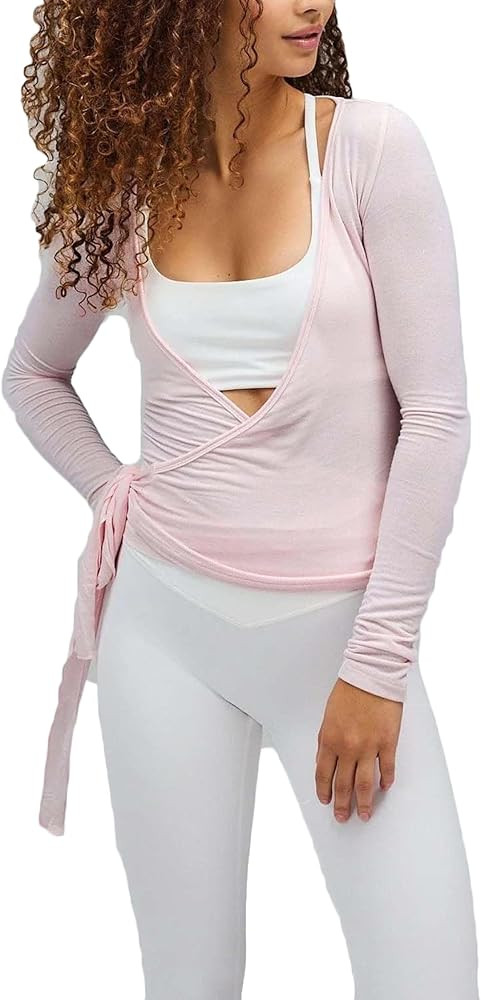 Ballet Tie Wrap Top for Women Long Sleeve Cover Up Yoga Pilates Workout Warp Shirts | Amazon (US)