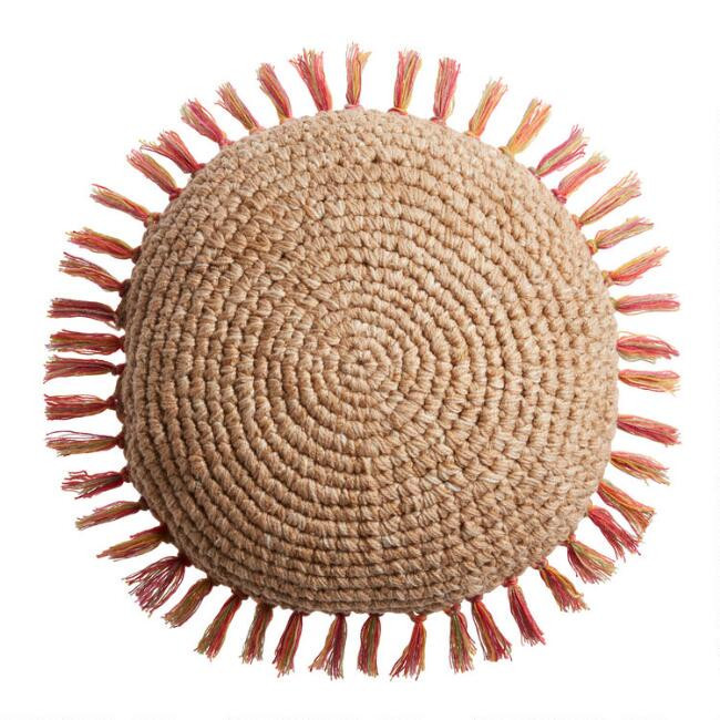 Round Natural Multi Fringe Indoor Outdoor Throw Pillow | World Market