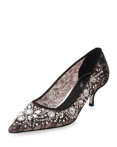 Crystal-Lace Mid-Heel Pump, Black | Neiman Marcus