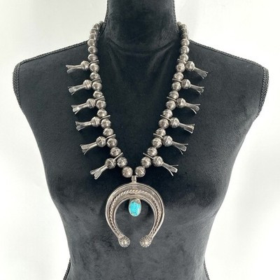 Vintage Navajo Turquoise Sterling Silver Squash Blossom Naja Necklace Handmade | eBay US