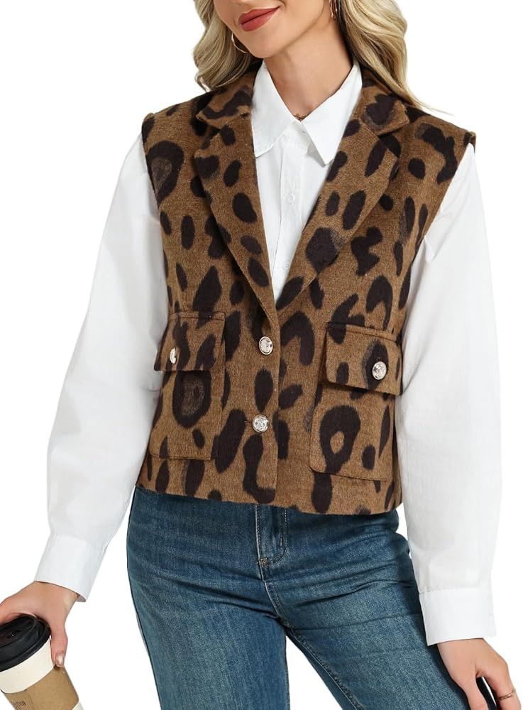 Leopard Flannel Vest Women Casual Cheetah Sleeveless Blazer Winter Button Down Jacket with Pocket... | Amazon (US)