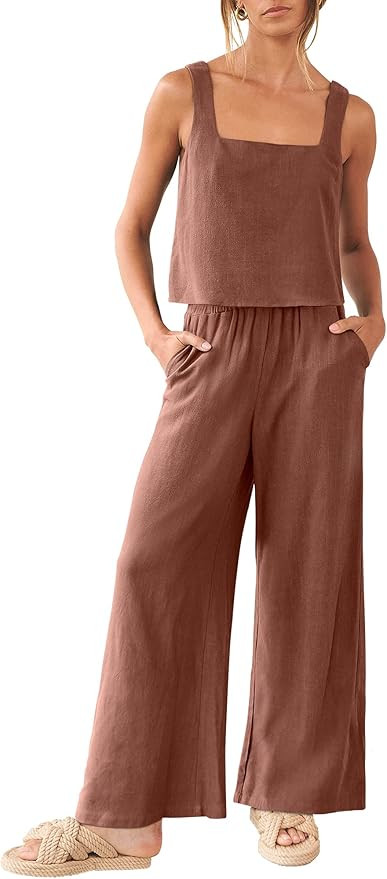 ANRABESS Women's 2 Piece Outfits Square Neck Linen Tank Crop Top Wide Leg Pants Matching Lounge S... | Amazon (US)