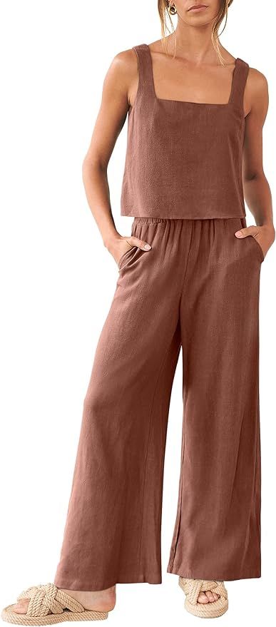 ANRABESS Women's 2 Piece Outfits Square Neck Linen Tank Crop Top Wide Leg Pants Matching Lounge S... | Amazon (US)