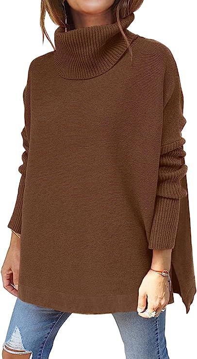 LILLUSORY Brown Sweater for Women Ribbed Turtleneck Long Sleeve High Low Hem Knitwear Pullover Ju... | Amazon (US)
