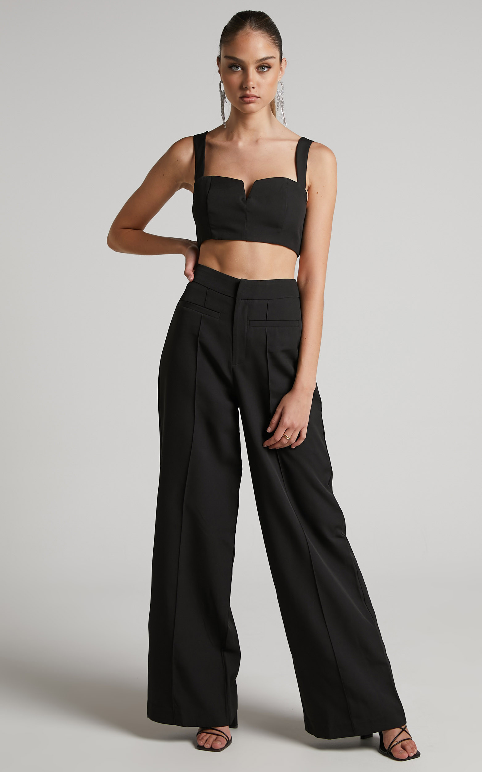 Maida V-Front Crop Top and Wide Leg Pants Two Piece Set in Black | Showpo (US, UK & Europe)