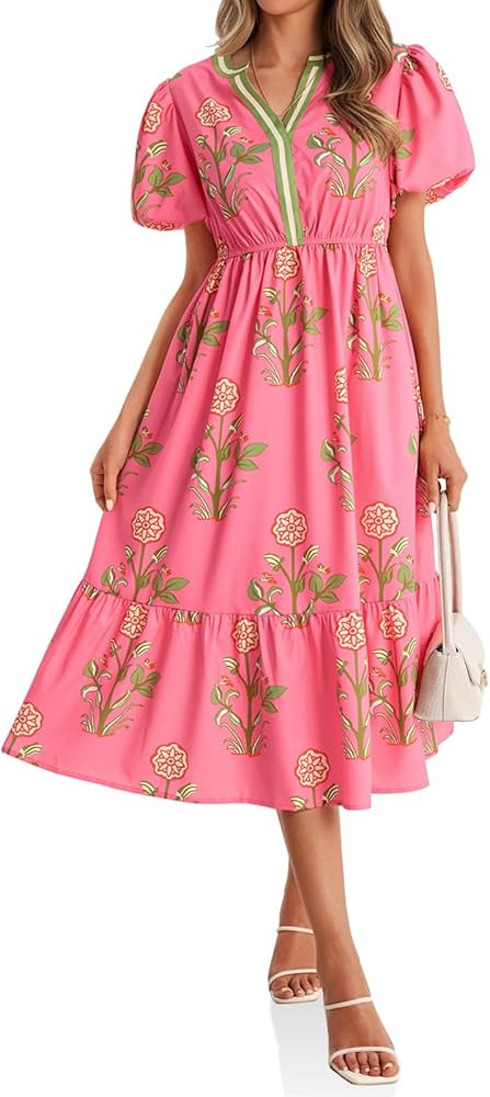 Cicy Bell Womens Summer Floral Print Maxi Dress A Line Puff Short Sleeve V Neck Boho Dresses Flow... | Amazon (US)