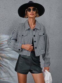 Houndstooth Print Drop Shoulder Jacket | SHEIN