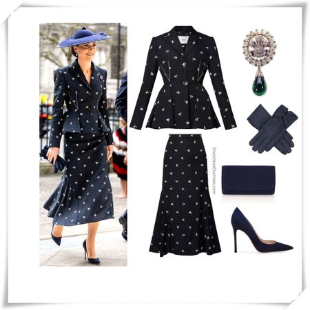 Kate Middleton wearing Erdem skirt suit on sale, dents bow gloves and Emmy London clutch 