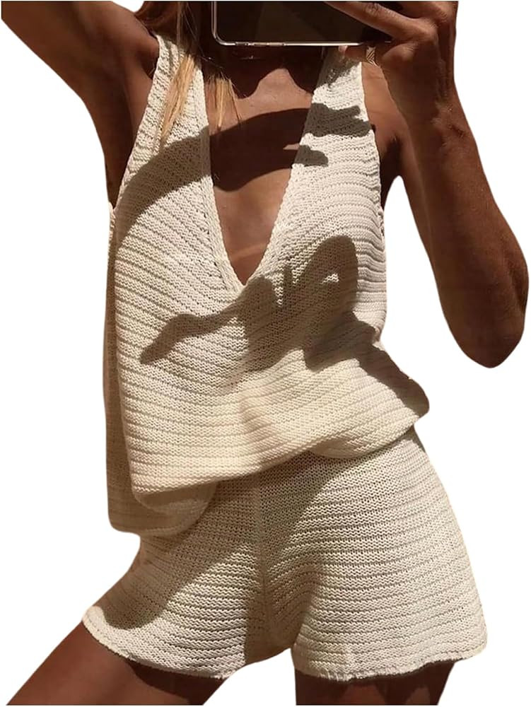 SOLY HUX Women's 2 Piece Outfits Deep V Neck Sleeveless Tank Tops and Shorts Summer Vacation Sets | Amazon (US)